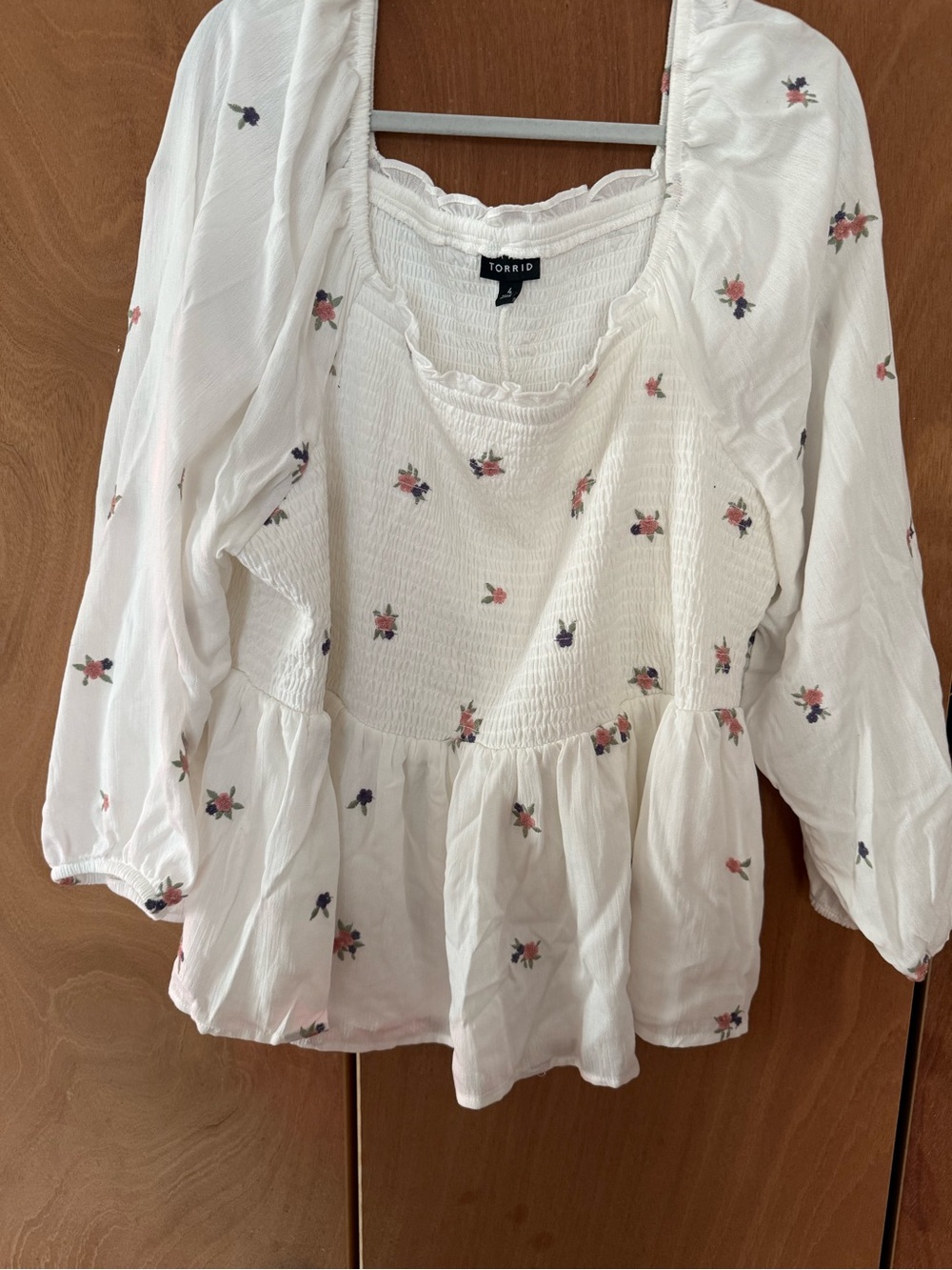 torrid White Peasant Top with Pink & Navy Floral Embroidery